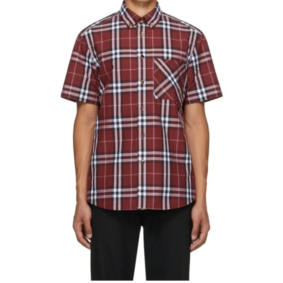 BURBERRY Red Poplin Check Short Sleeve Shirt Sz XS - Picture 2 of 10